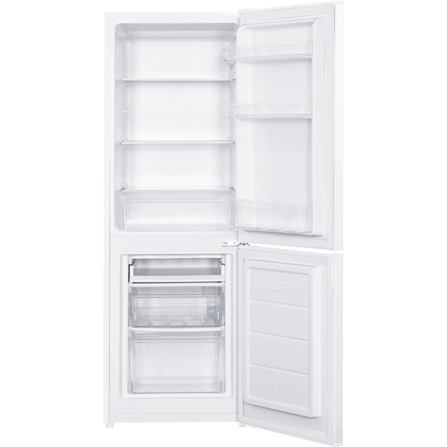 Offene, weiße PKM Kühl-Gefrierkombination KG240EW mit Regalen und Gefrierschubladen.