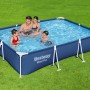 Bestway Stahlrahmenpool Steel Pro, 300x201x66 cm, dunkelblau, mit Familie im Wasser.