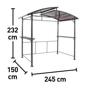 Anthrazitfarbener Grillpavillon Antigo (150x245 cm) mit Ablagen und Doppeldach für Wetterschutz beim Grillen.