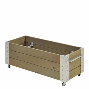 Graubrauner PLUS Pflanzkasten aus Holz mit Metallbeschlägen und Rädern, 120x50x45 cm, für Garten & Terrasse.