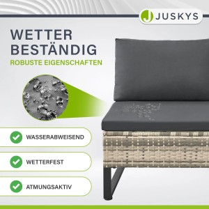 Detailaufnahme: Wetterfeste Juskys Polyrattan Lounge Santorini, grau meliert, mit Polster und wasserabweisender Oberfläche.