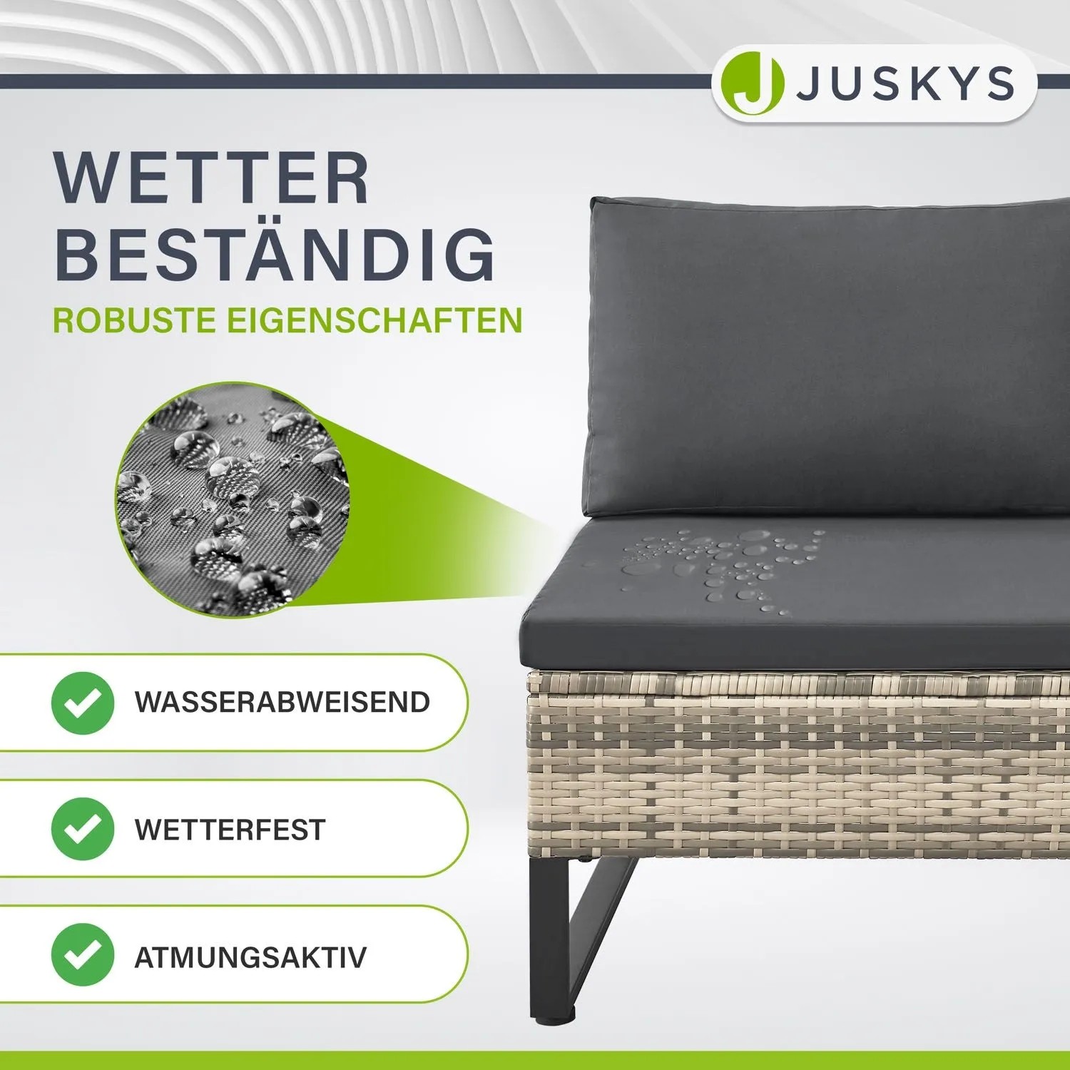 Detailaufnahme: Wetterfeste Juskys Polyrattan Lounge Santorini, grau meliert, mit Polster und wasserabweisender Oberfläche.
