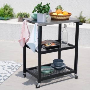 Schwarzer Taino Netis Grillwagen mit Edelstahl-Arbeitsplatte, zwei Ablagen, Rollen und Haken für Outdoor, Balkon, Terrasse.