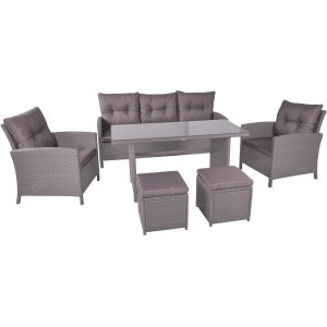 6-teilige graue Garden Pleasure Sitzgruppe Sevilla mit Sofa, Sesseln, Hockern und Tisch.