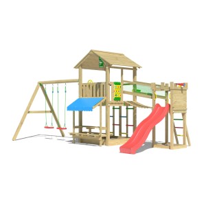 Jungle Gym Spielturm Cascade mit 2 Schaukeln, Picknickbereich und roter Rutsche.