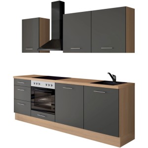 Moderne Küchenzeile 230 cm in Grafit mit Eiche-Nachbildung, inklusive Herd, Kochfeld, Spüle, Dunstabzugshaube und Geschirrspüler.