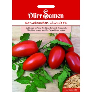 Dürr Samen Roma-Tomaten Olivade F1: Saatgutpackung mit roten, länglichen Tomaten und Saatgutanblick.