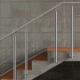 Edelstahl Geländer 100 cm mit 3 Querstäben, seitlich an Holztreppe montiert. Modernes Treppengeländer Zubehör.