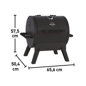 Jamestown Holzkohlegrill Ryder, Standgrill in Fassform mit Thermometer und Maßen.