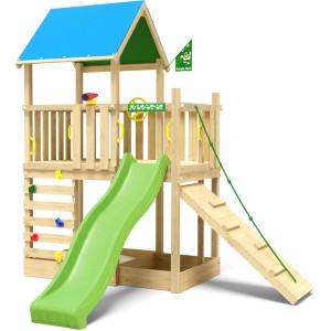 Jungle Gym Spielturm Wonder mit hellgrüner Rutsche, Kletterrampe und blauem Planendach.