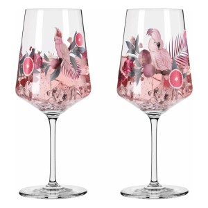Ritzenhoff Sommersonett Aperitifgläser 2er Set. Kristallgläser mit rosa Kakadu, exotischen Früchten und Blättern. Für Cocktails.