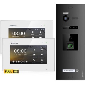Balter EVO-HD Video-Türsprechanlage mit Fingerprint, 2 Monitore (7 Zoll), Türstation in Schwarz/Weiß.
