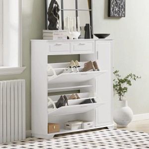 Weißer SoBuy Schuhkipper FSR104-W mit zwei Klappen und Schubladen, teilgeöffnet mit Schuhen.