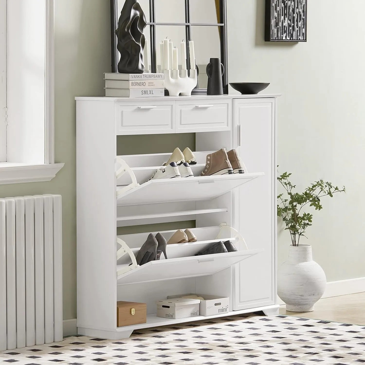 Weißer SoBuy Schuhkipper FSR104-W mit zwei Klappen und Schubladen, teilgeöffnet mit Schuhen.