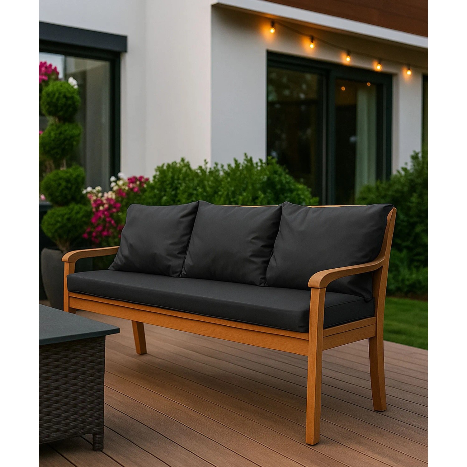 Anthrazitfarbenes Bankkissen-Set für 3-Sitzer Gartenbank, bestehend aus Sitz- und Rückenkissen.