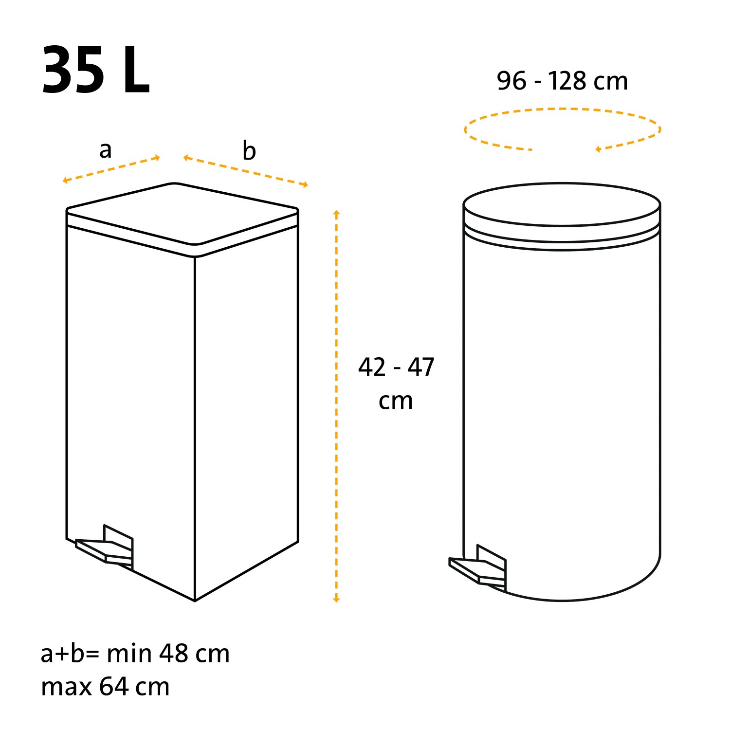 Skizze: Swirl Müllbeutel 35L mit Maßen, rechteckig und rund.