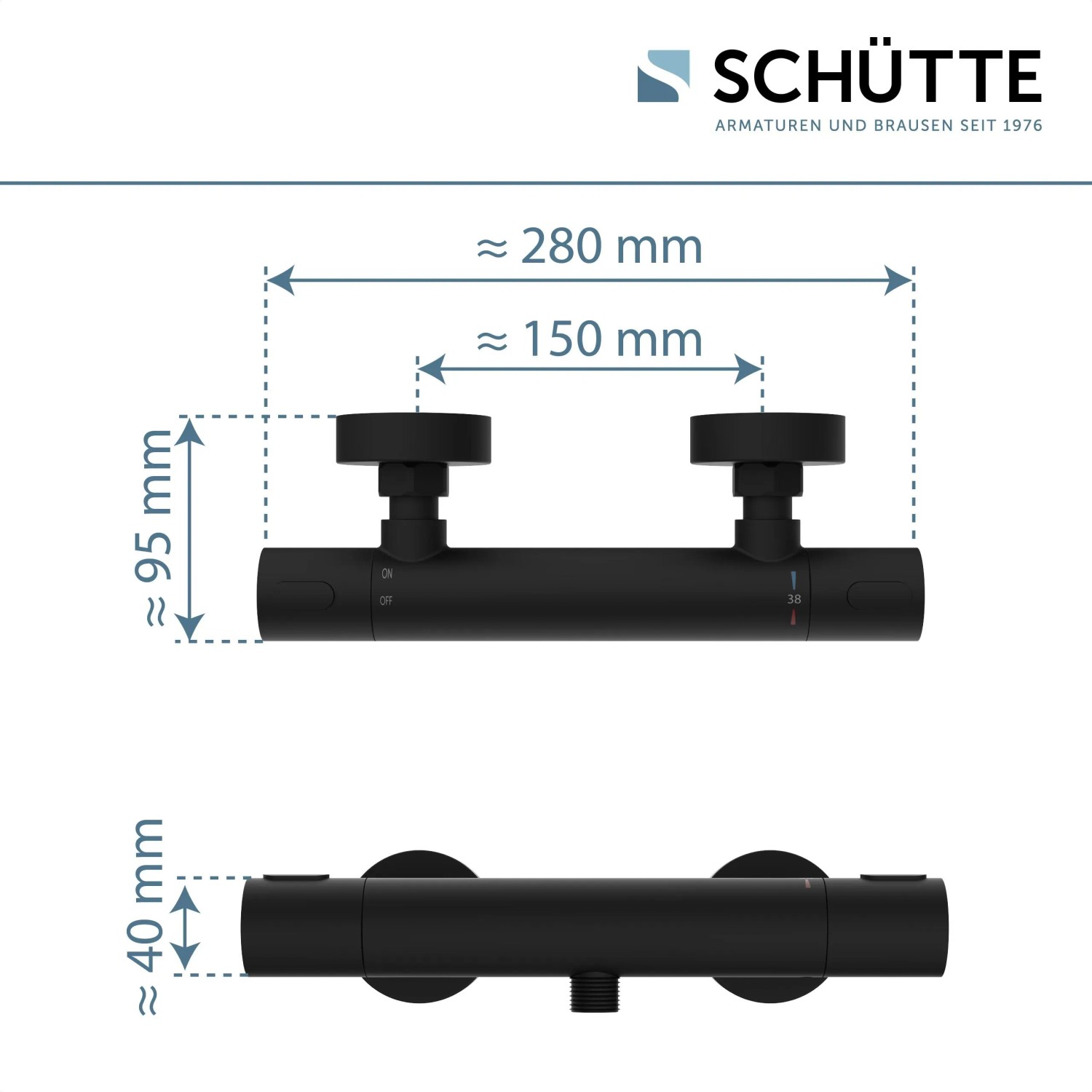 Schütte Thermostat Duscharmatur Los Angeles, schwarz matt, mit Maßangaben.