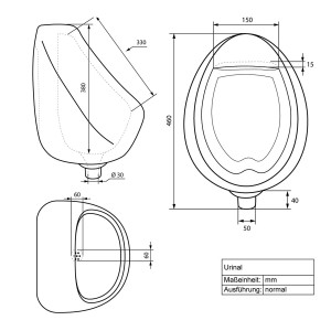 Technische Zeichnung eines weißen ECD Germany Urinals mit Zulauf von hinten, Maße in mm.