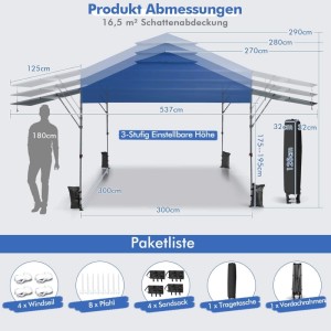 Costway 3x3m Pop Up Pavillon mit Zwei Markisen Rolltasche 4 Sandsäcke Blau