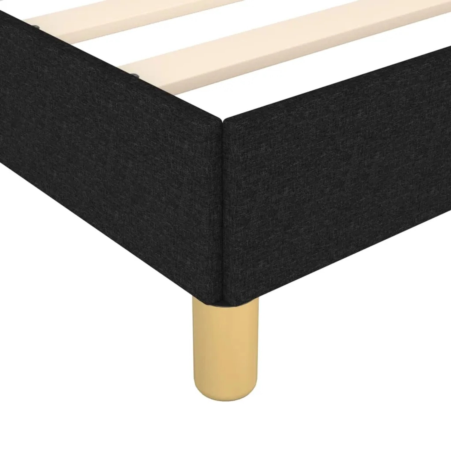 Detailansicht: Schwarzes Stoff-Bettgestell 80x200 mit Holzlattenrost und Füßen.