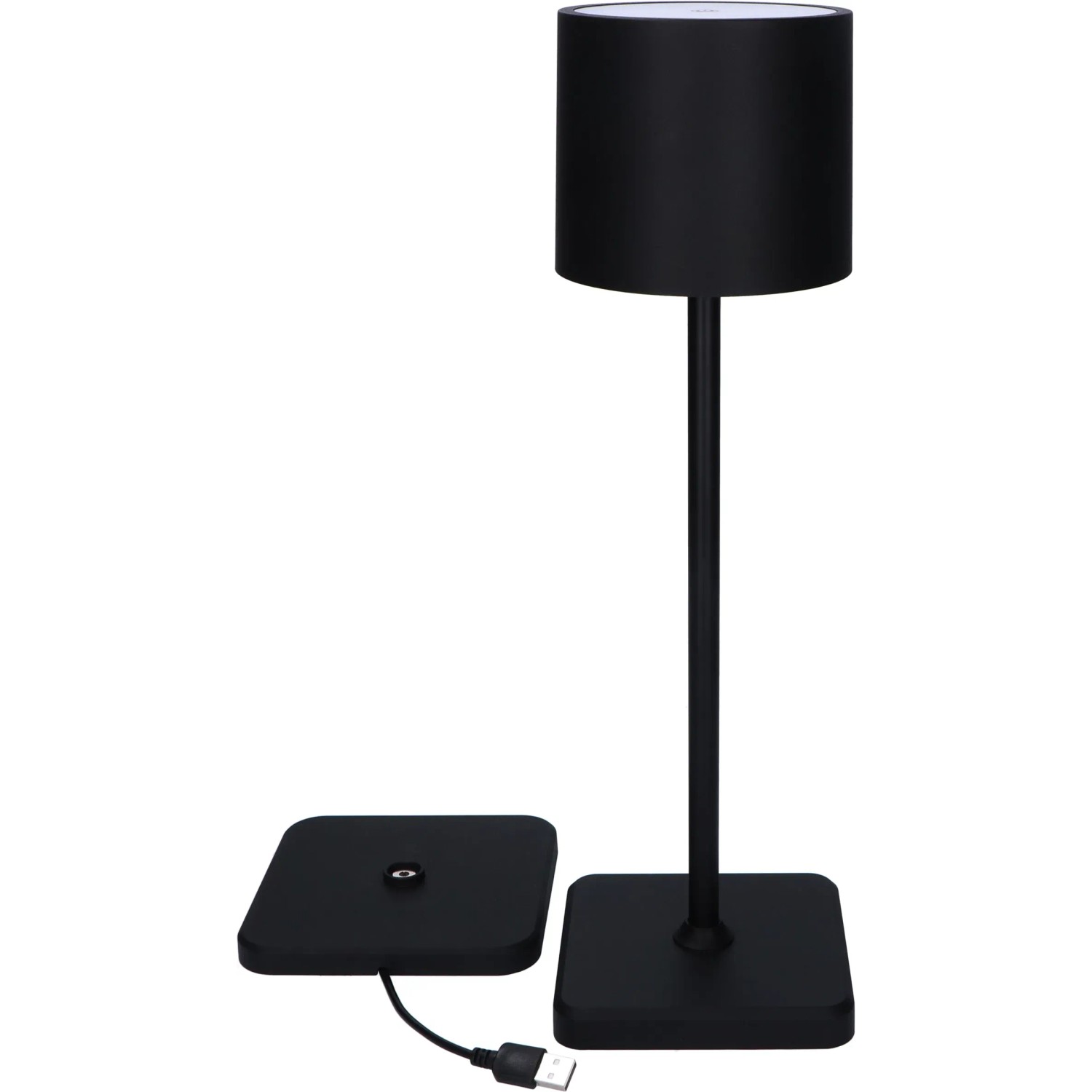 Schwarze, dimmbare LED Tischlampe mit Ladestation für Innen und Außen. Kabellose Dekoleuchte.