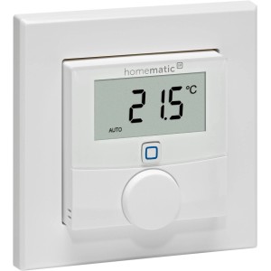 Homematic IP Wandthermostat mit Display zur Temperatur- und Feuchtigkeitsmessung.