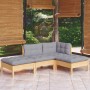 4-tlg. Gartenlounge-Set aus Kiefernholz mit grauen Kissen für Terrasse und Garten.