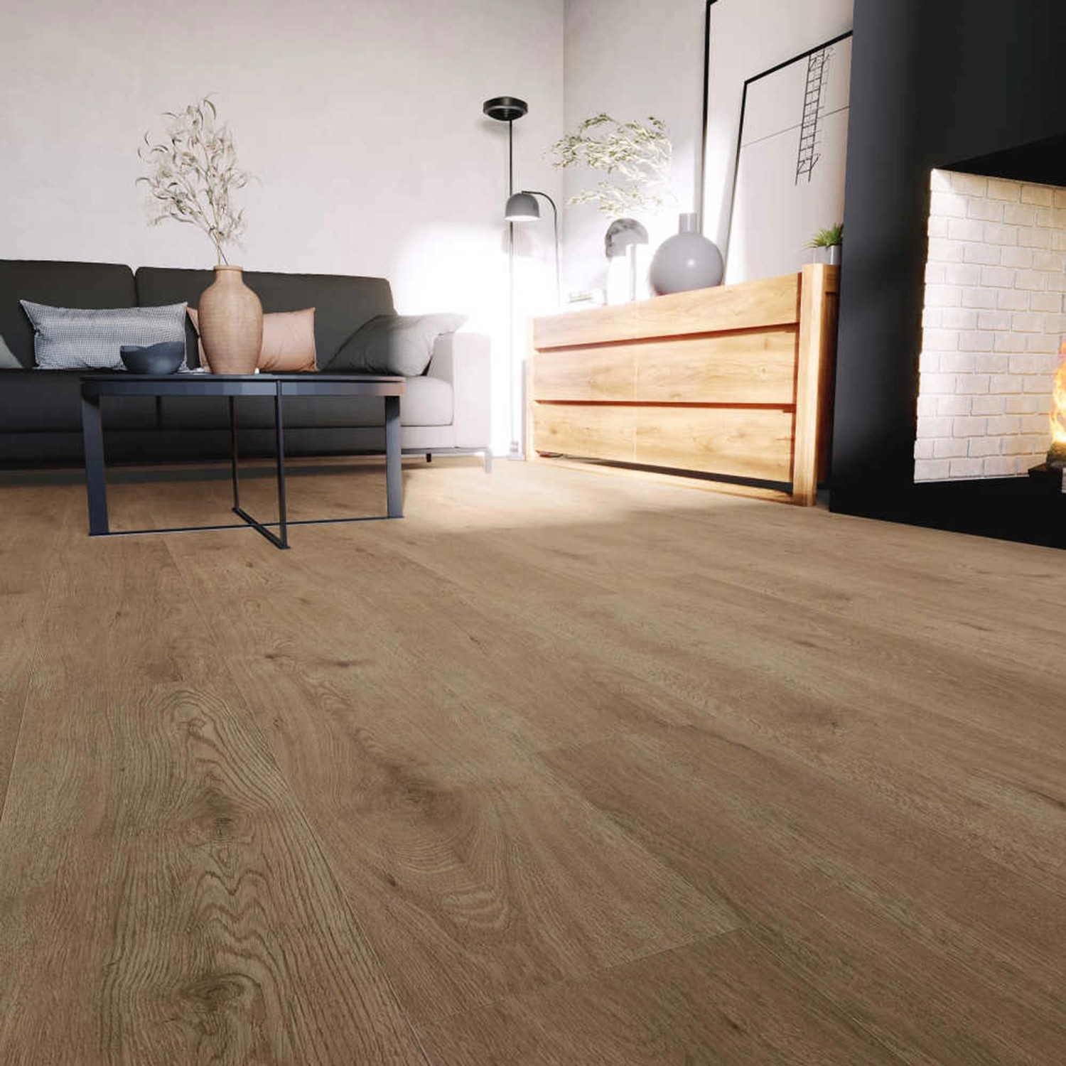 Anaturo Rigid-Vinylboden Mio 30 Click Plus Eiche Cesena im Wohnraum verlegt.