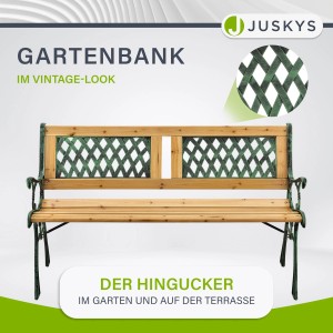 Juskys 2-Sitzer Gartenbank Sanremo aus Holz und Gusseisen mit Rautenmuster.