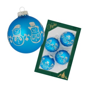 4er-Set blaue Krebs Glas Lauscha Weihnachtskugeln mit Schneemann, 7cm.