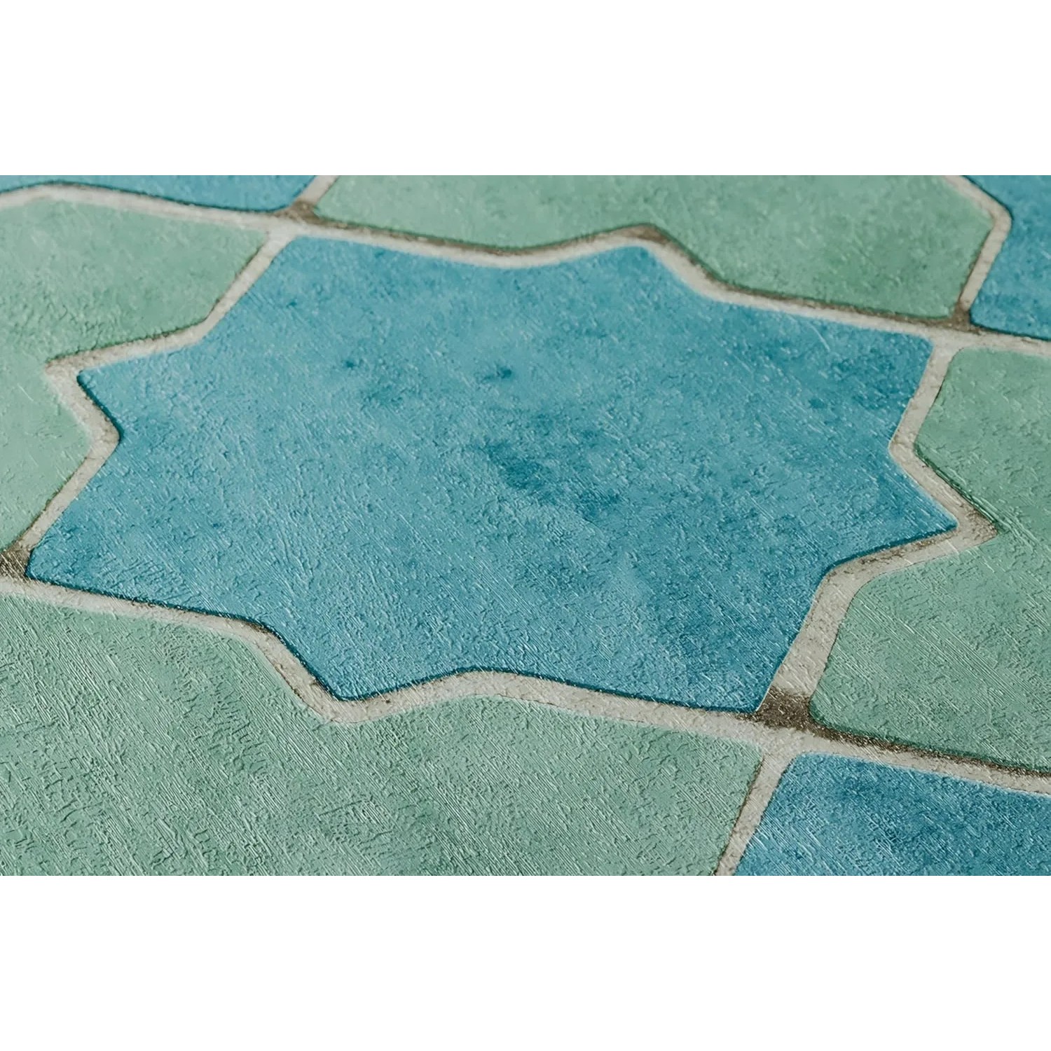 Grafik Tapete in Blau, Grün und Beige mit geometrischem Muster. Dekorative Vliestapete.