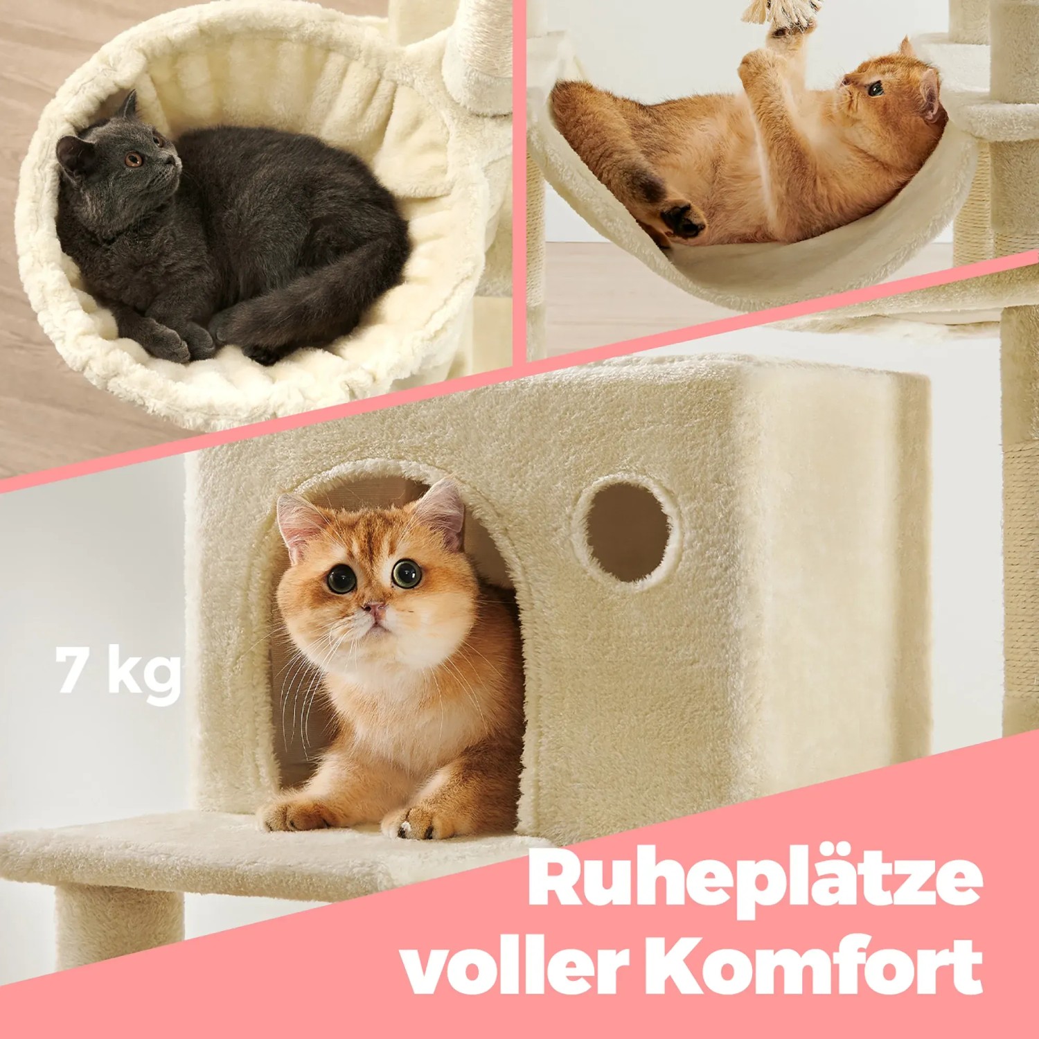 Feandrea Kratzbaum, 206 cm, beige, mit Katzen in verschiedenen Ruhebereichen.