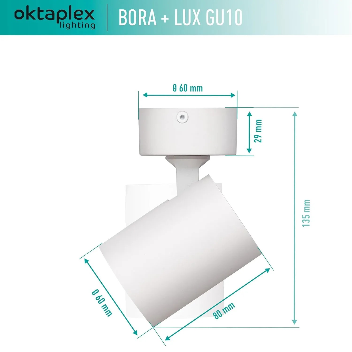 Weißer, schwenkbarer Oktaplex Bora LED Deckenstrahler mit Maßen für GU10 Leuchtmittel, dimmbar.