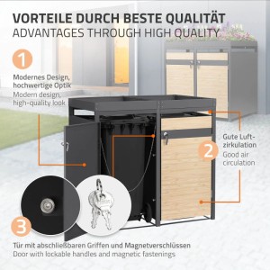 ML-Design Mülltonnenbox Anthrazit-Lärchenoptik mit Pflanzdach, offener Tür, Schloss und Lüftungsschlitzen.