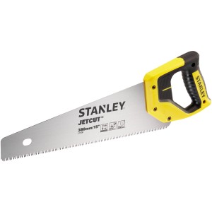 Stanley Jetcut Handsäge mit gelb-schwarzem Griff, 380 mm Sägeblatt für grobe Holzschnitte.