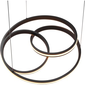 Moderne Trio LED-Pendelleuchte Nuria, schwarz matt, mit geschwungenen Ringen und warmweißem Licht.