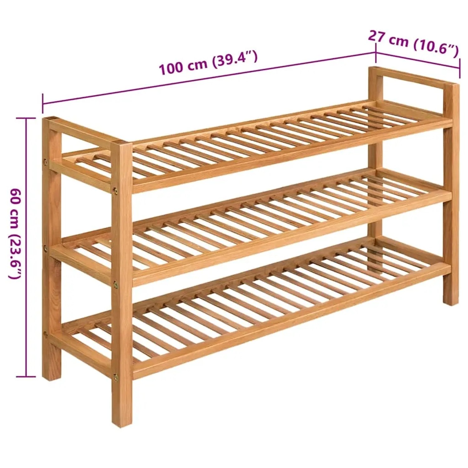 Braunes Schuhregal aus massivem Eichenholz mit 3 Lattenrosten und Griffen, 100x27x60 cm. Praktischer Schuhständer.