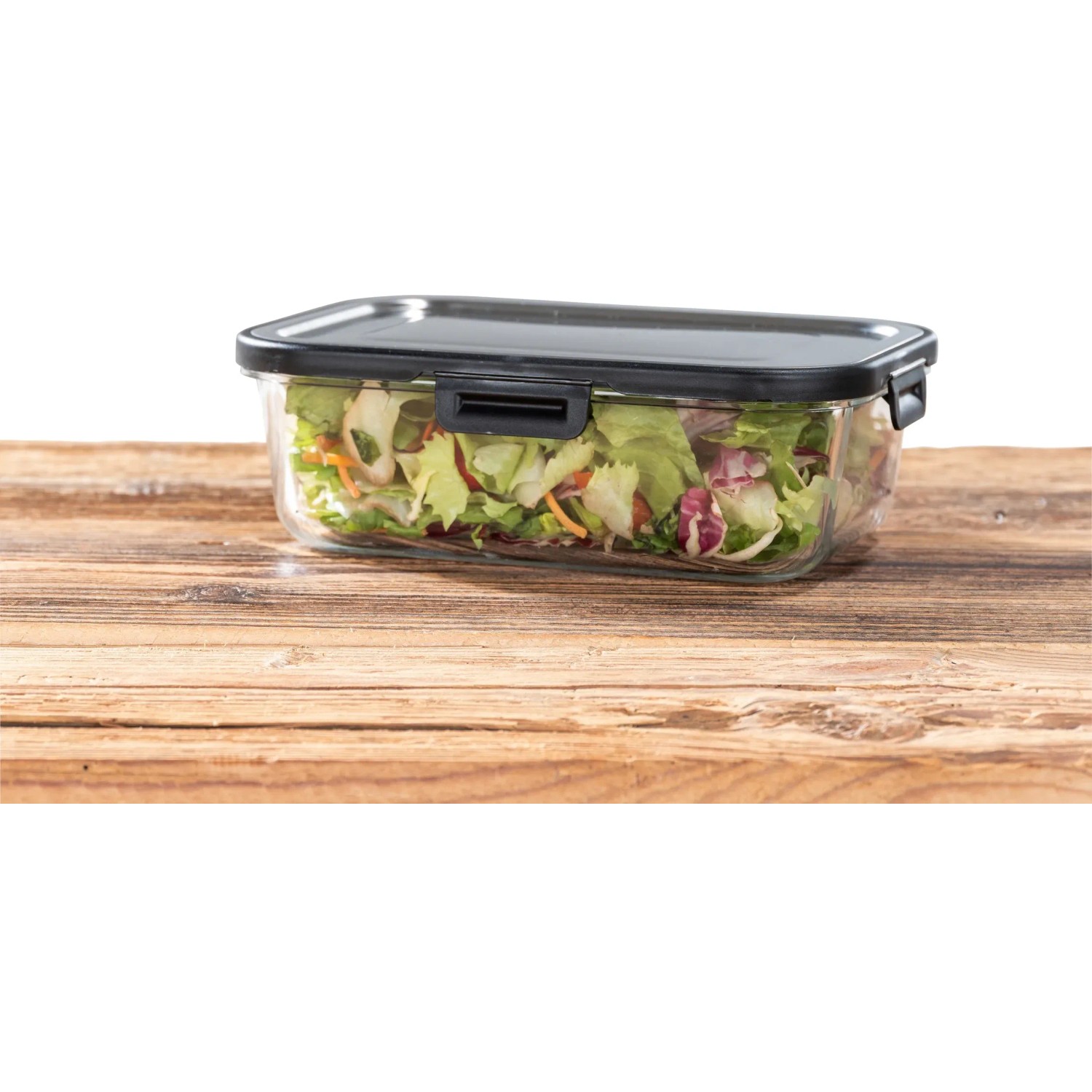 Wenko Glas Frischhaltedose Steel Black Outdoor Kitchen 1,5l mit Salat auf Holz.