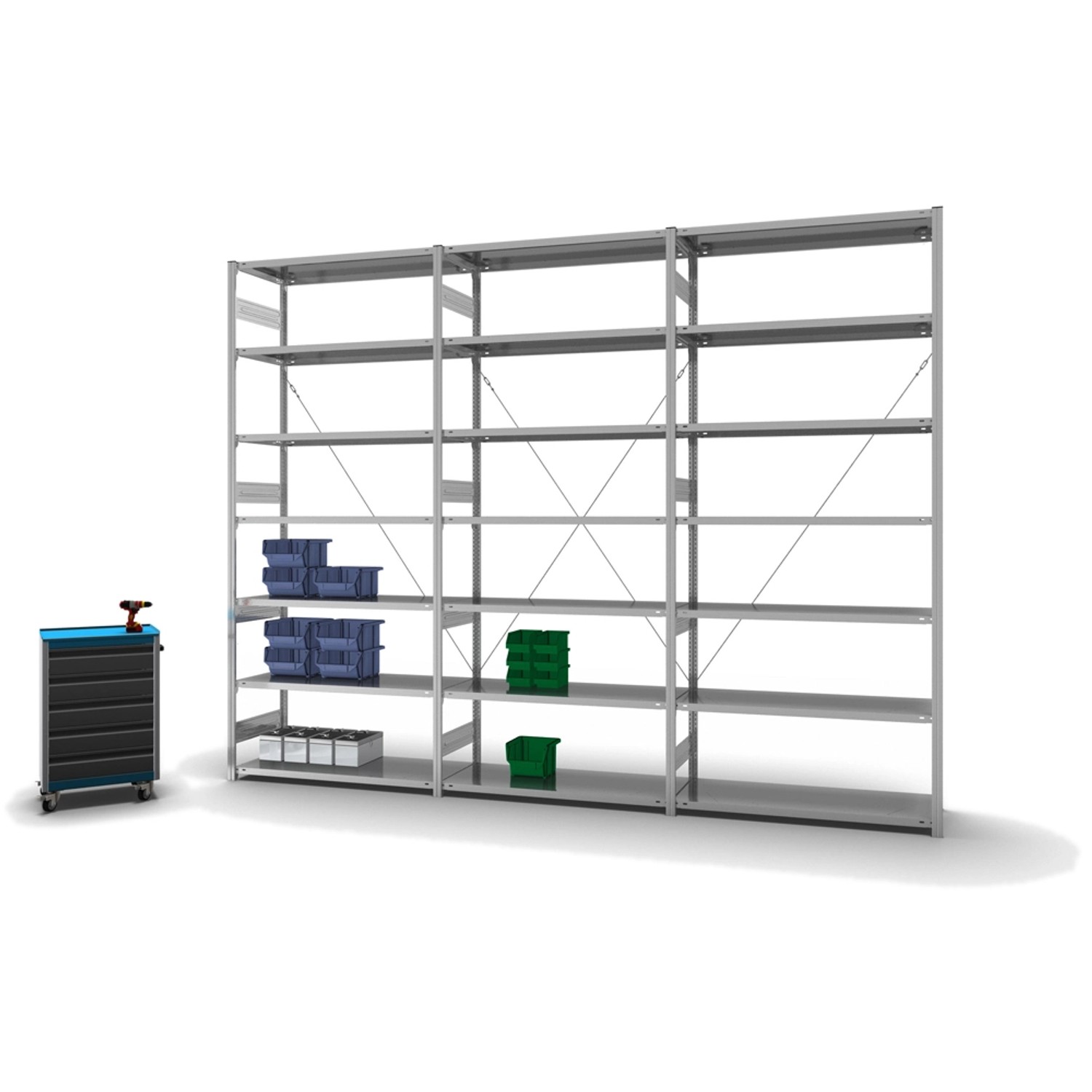 PROREGAL Fachbodenregal, Stecksystem, 300x130x50cm, 7 Ebenen, verzinkt, mit Lagergut.