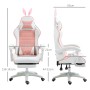 Rosa Vinsetto Gaming Stuhl mit Hasenohren, Kunstleder, mit ausziehbarer Fußstütze und Maßangaben.