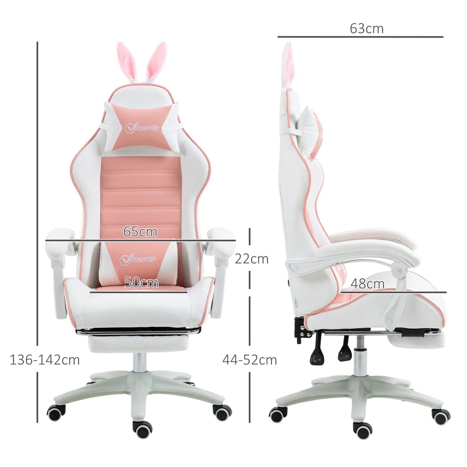 Rosa Vinsetto Gaming Stuhl mit Hasenohren, Kunstleder, mit ausziehbarer Fußstütze und Maßangaben.