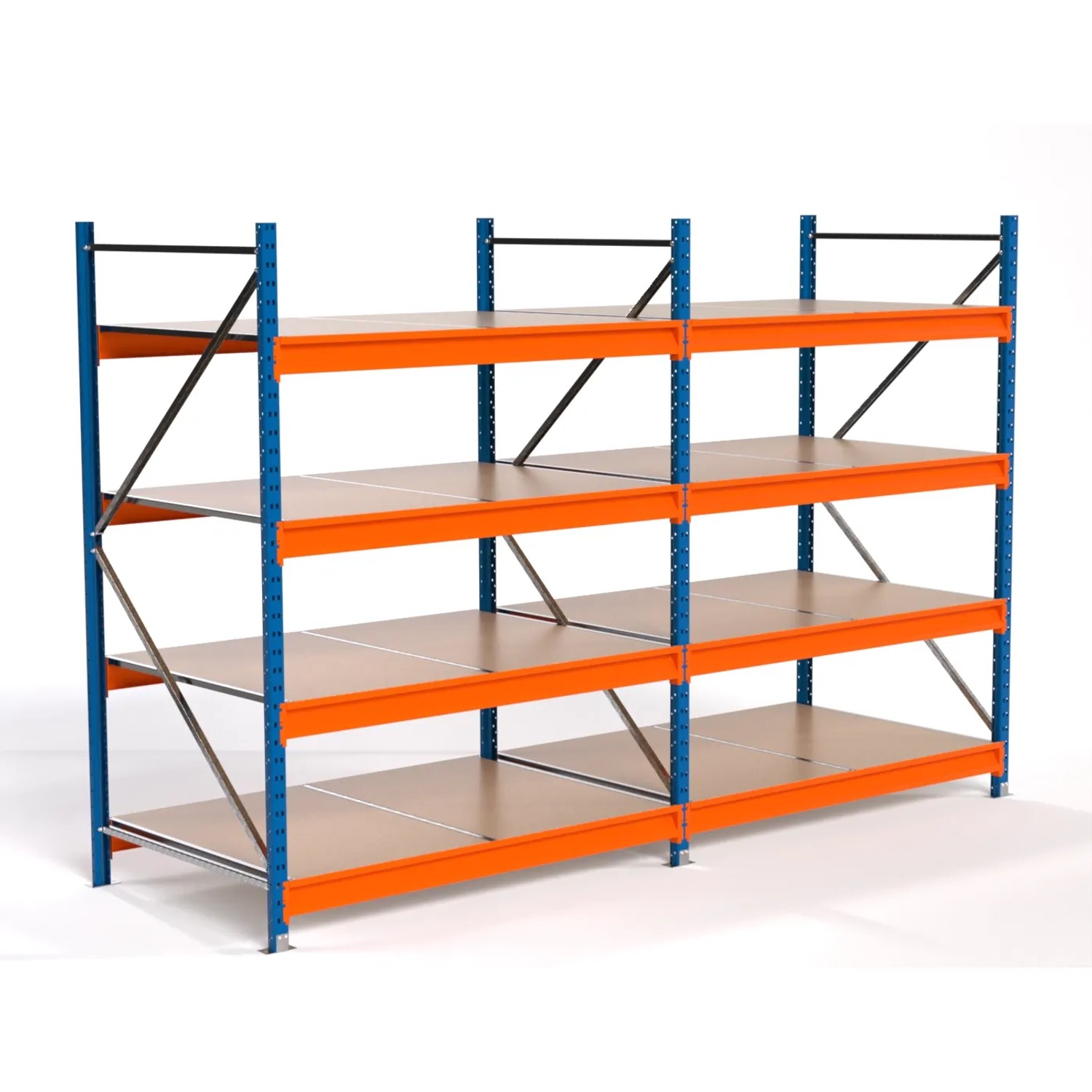 PROREGAL Industrie Weitspannregal Lagerregal MAXIMUS PRO Komplettregal 2 Felder HxBxT 200x300x100cm 4 Spanplatten-Fachboden Fachlast 850kg Blau/Orange