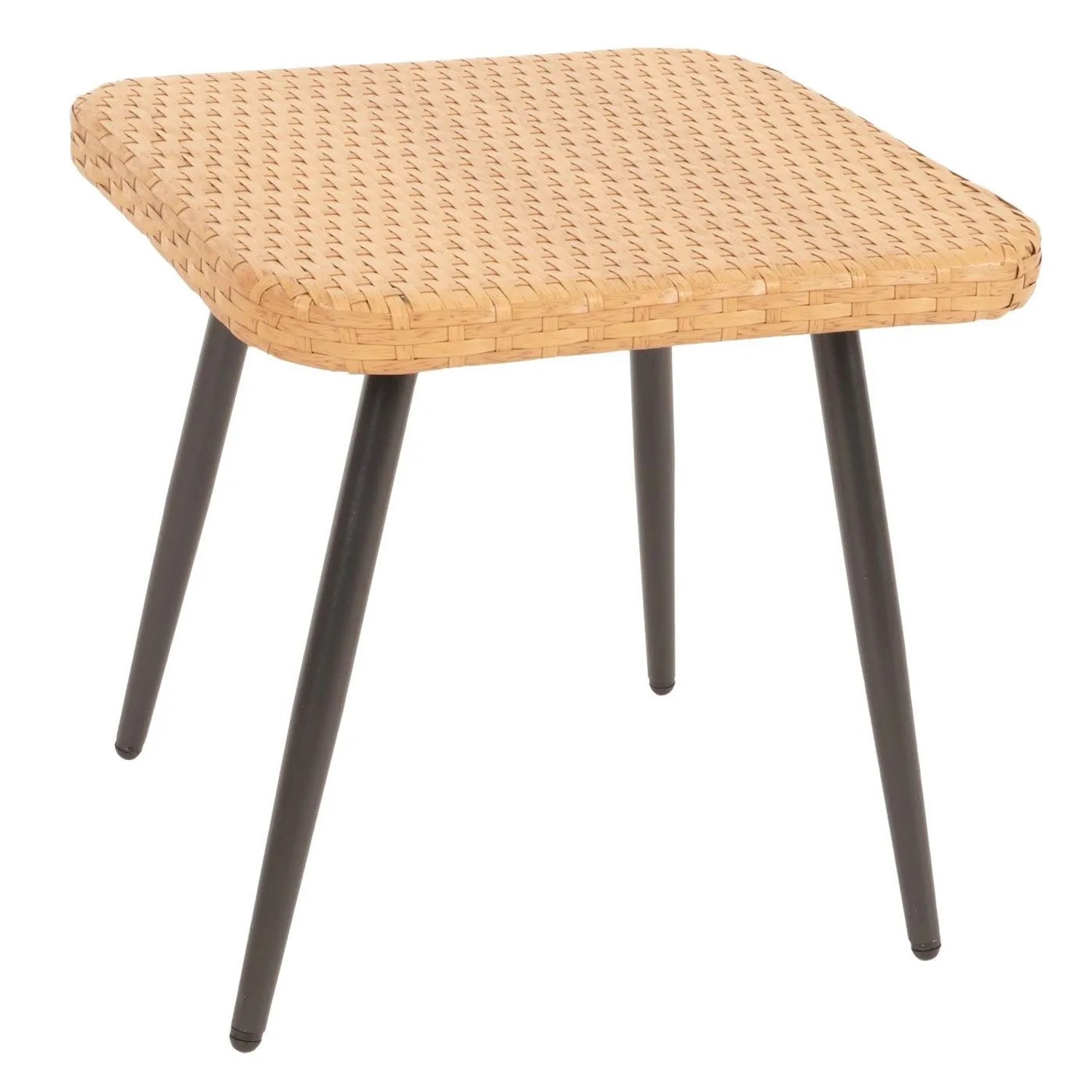Quadratischer Poly-Rattan Beistelltisch mit geflochtener, hellbrauner Platte und schwarzen Stahlbeinen für Gartenmöbel-Set.
