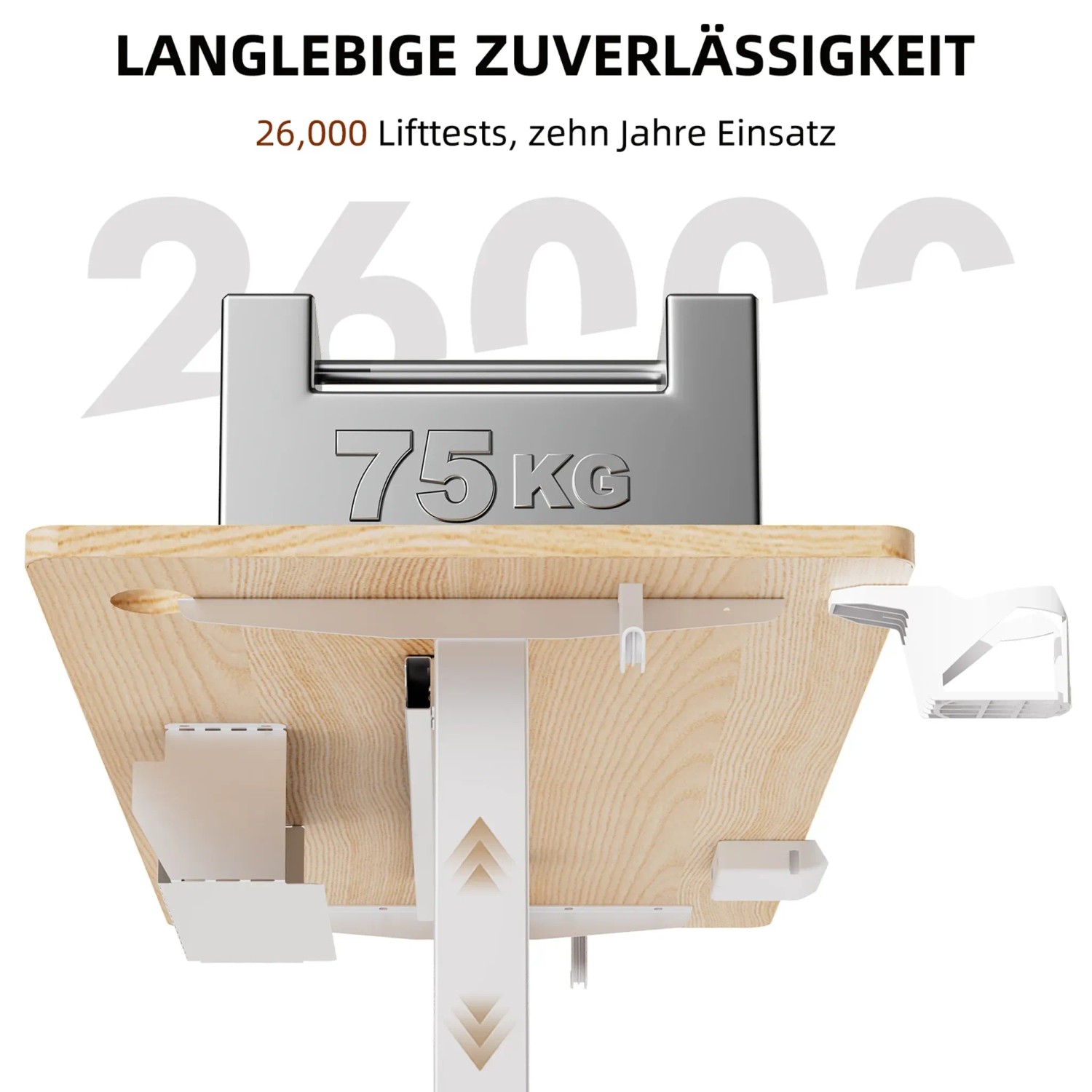 Detailansicht: HOMAVO Schreibtisch mit Gewicht, das die Tragfähigkeit des höhenverstellbaren Tisches demonstriert.