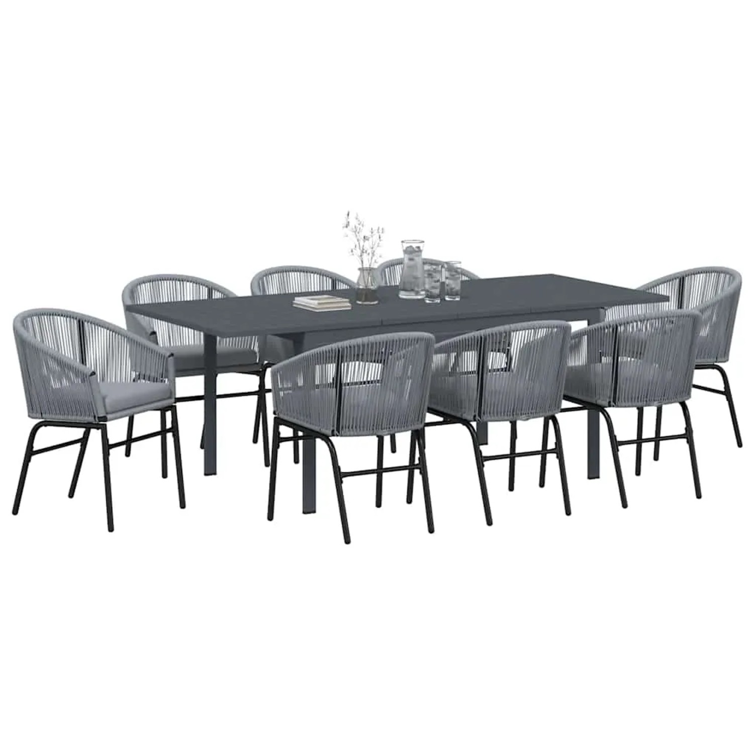 Graue 9-teilige Garten Essgruppe aus Poly Rattan von vidaXL. Gartentisch mit 8 Stühlen.