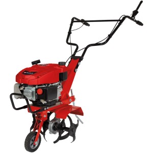Einhell GC-MT 2236 Benzin-Motorhacke in Rot mit Hackmessern und Führungsrad.
