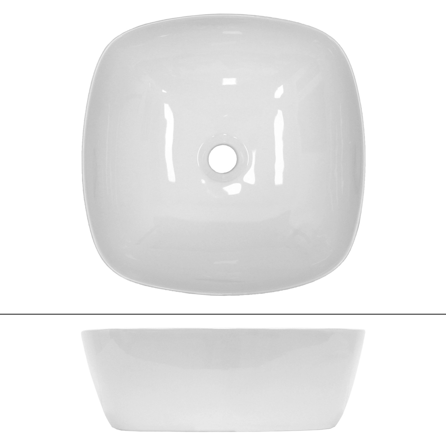 Weißes ECD Germany Keramik Handwaschbecken (405x405x140 mm) mit Ablaufgarnitur.