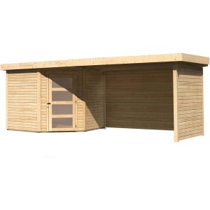 Karibu Holz-Gartenhaus Linköbing mit Pultdach, unbehandelt, mit Anbau. Holz-Gartenhäuser für den Garten.