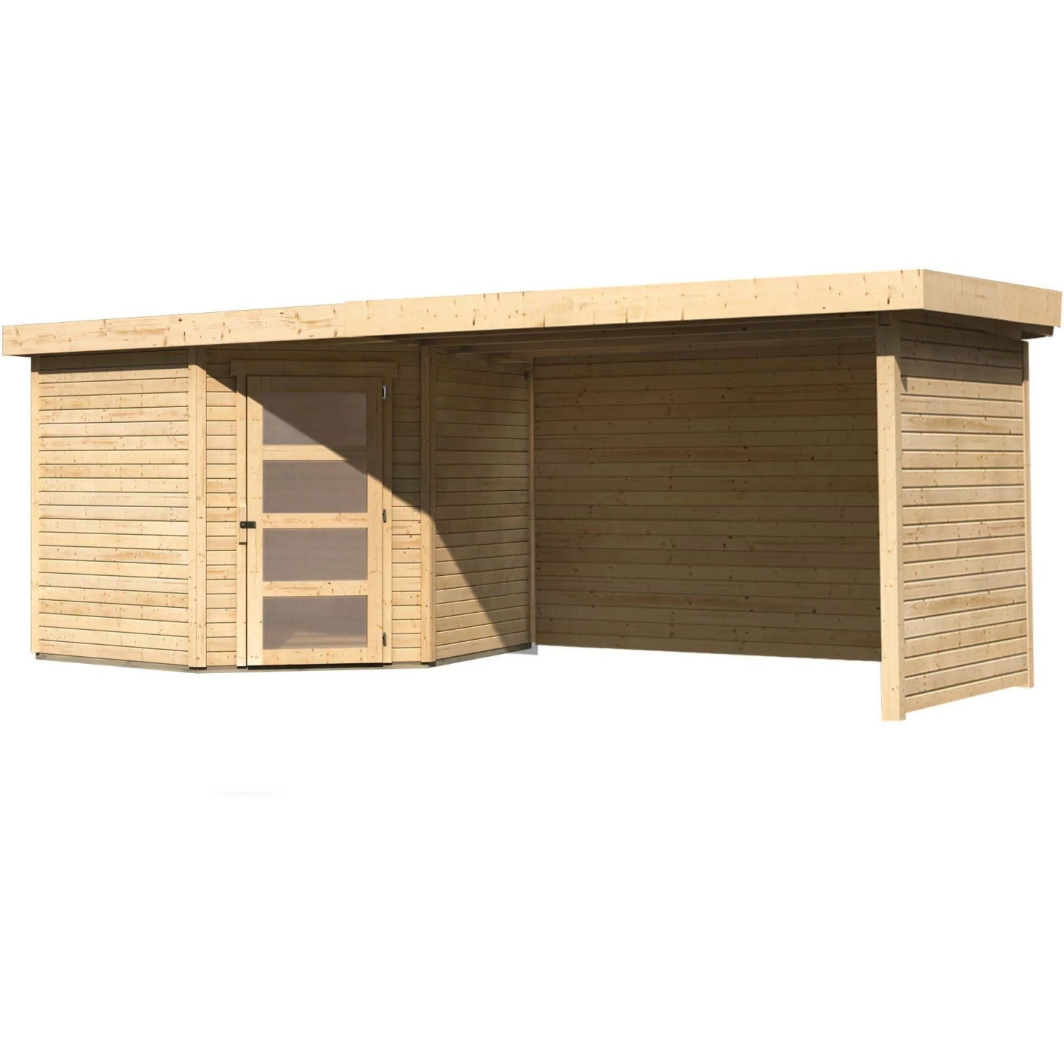 Karibu Holz-Gartenhaus Linköbing mit Pultdach, unbehandelt, mit Anbau. Holz-Gartenhäuser für den Garten.