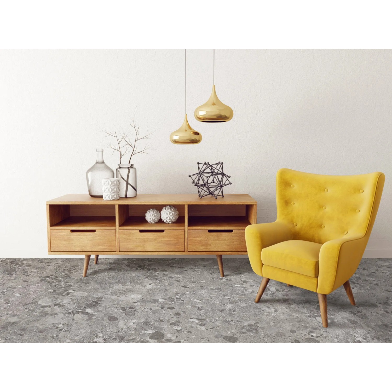 Primaflor PVC Turvo Stein Venezia Bodenbelag in Steinoptik, verlegt in modernem Wohnraum mit gelbem Sessel.
